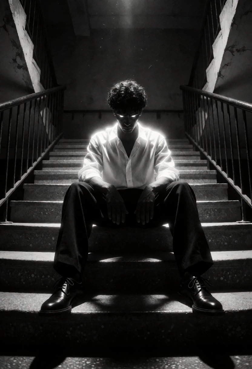 Solitary figure on concrete staircase with ethereal glow in deep shadow - AI generated image prompt sample