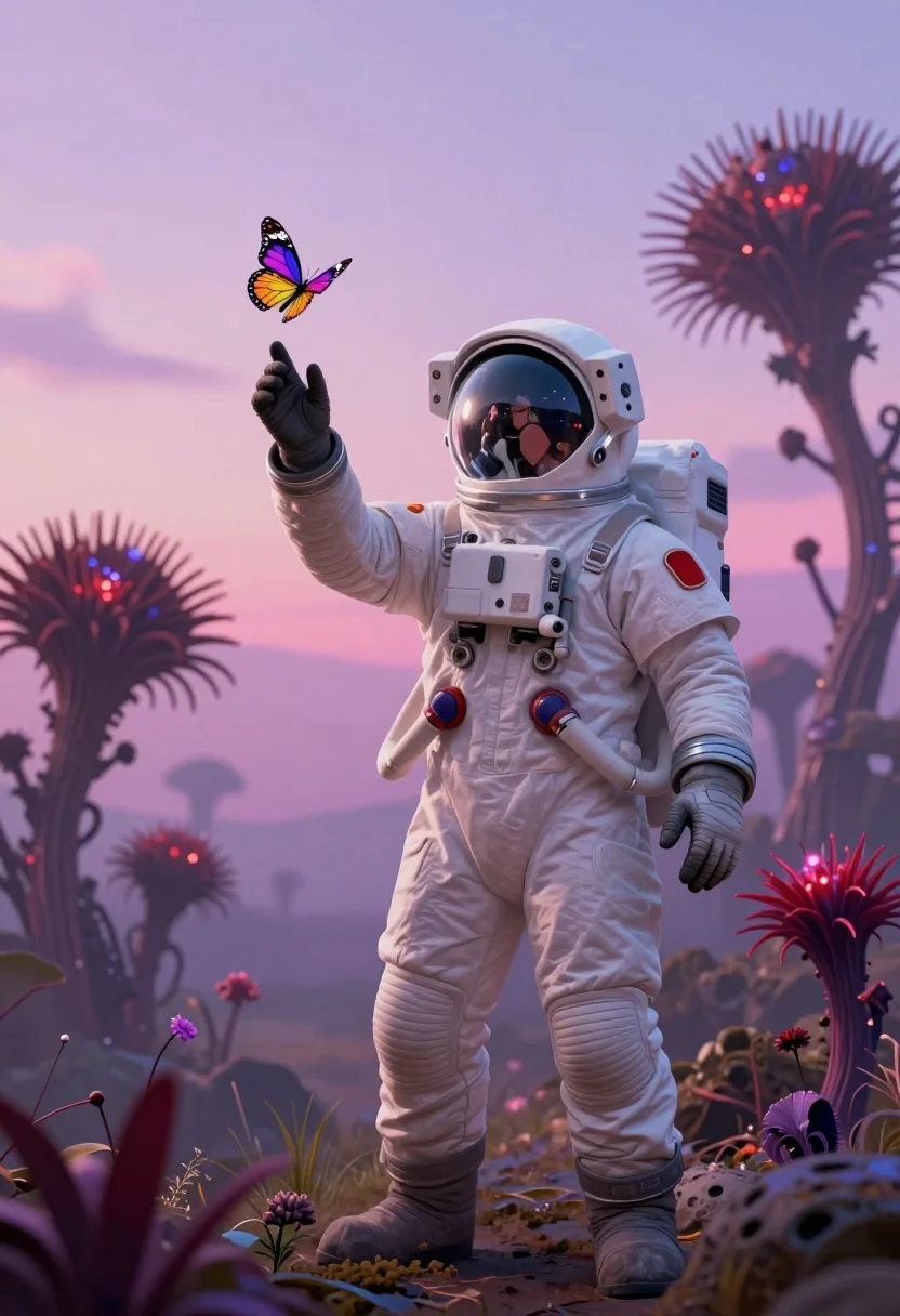Astronaut reaching for butterfly in surreal glowing alien landscape - AI generated image prompt sample