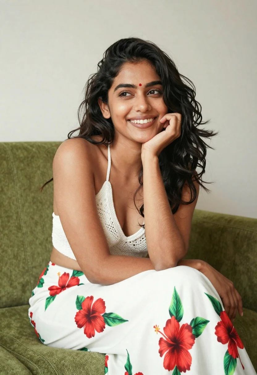 Smiling young woman with dark wavy hair on green sofa indoors