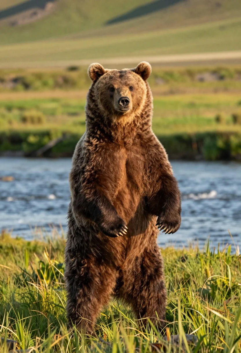 Majestic brown bear standing upright in a grassy meadow near a river - AI generated image prompt sample