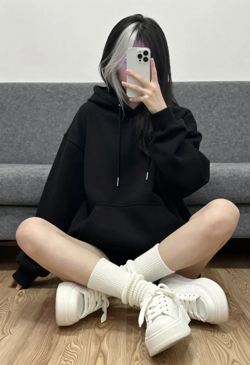 Young woman taking a mirror selfie with black and white hair - AI generated image prompt sample
