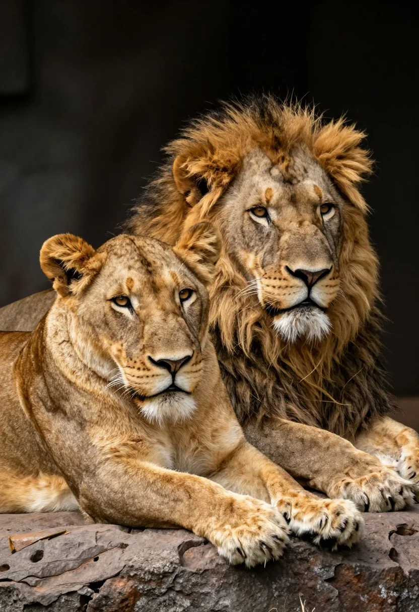 Majestic lioness and male lion resting on grey rock ledge in warm - AI generated image prompt sample