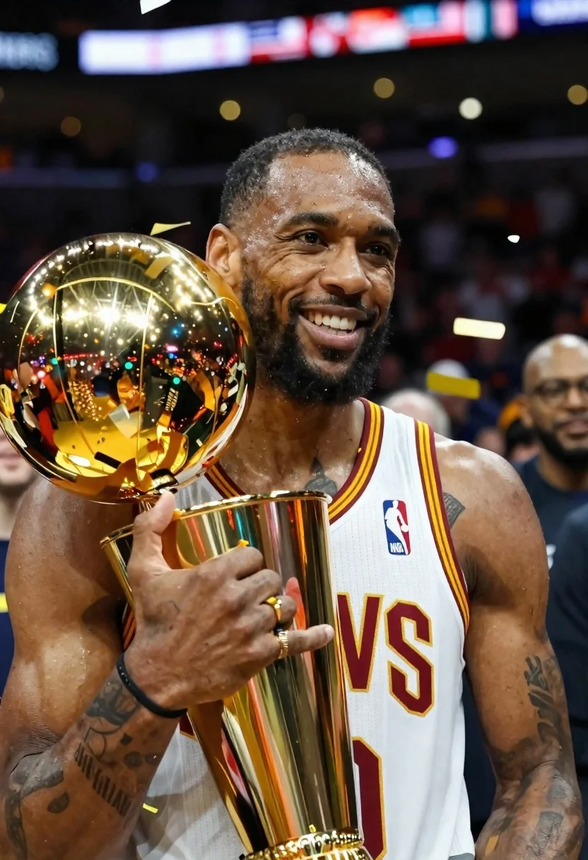 Basketball player holding championship trophy in arena