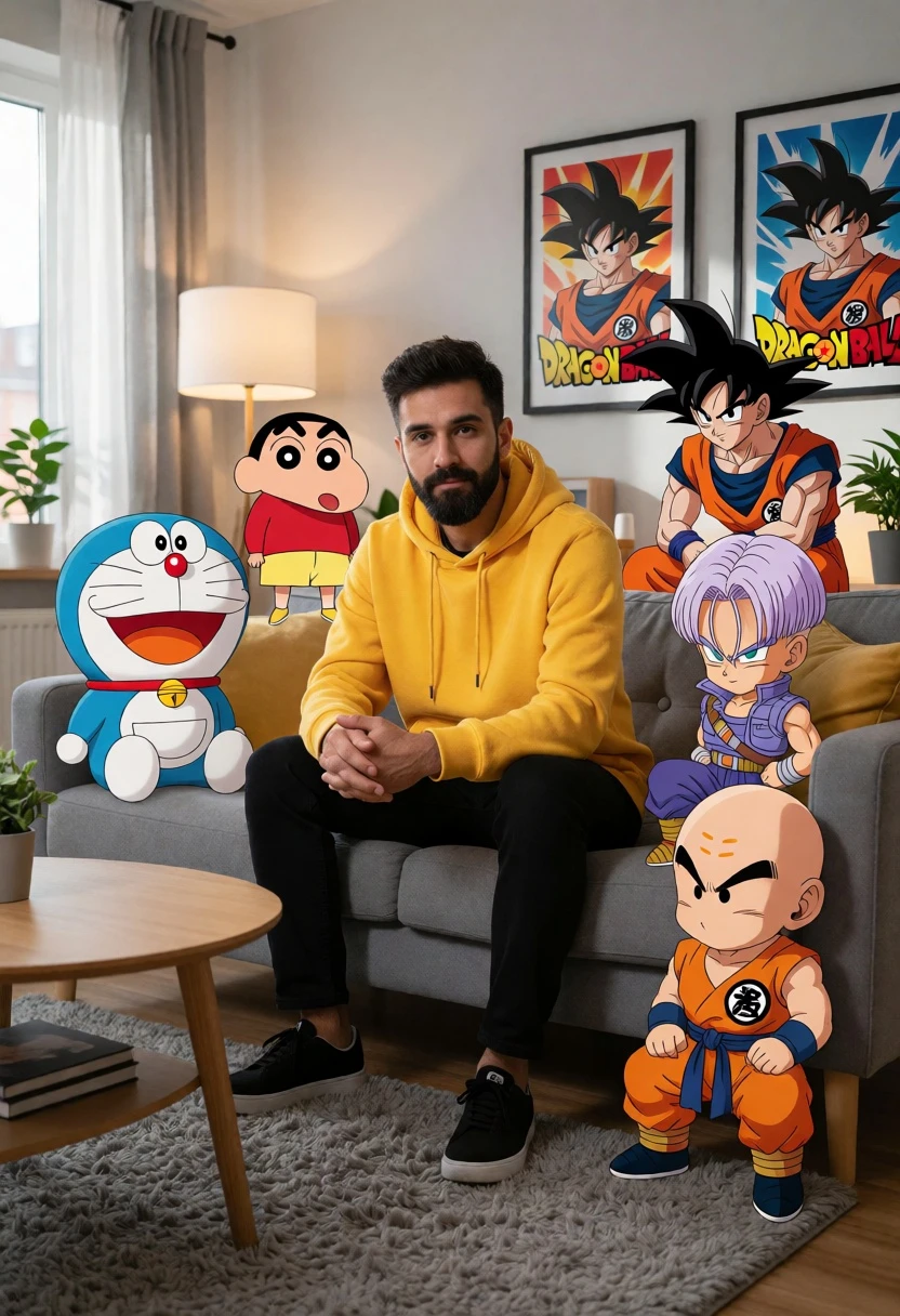 Photorealistic man sitting on sofa with animated characters in modern living room - AI generated image prompt sample