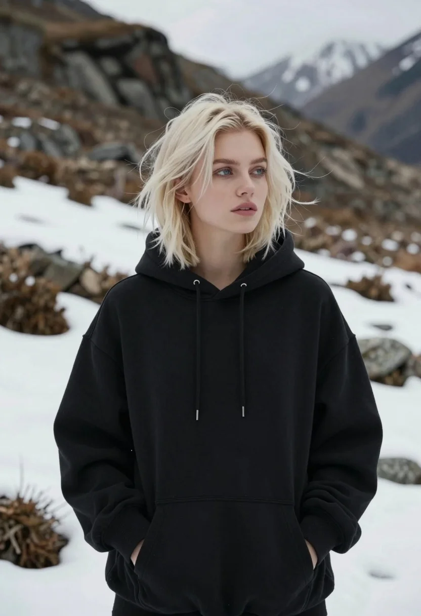 Fair blonde woman in black sweatshirt against snowy mountain landscape backdrop - AI generated image prompt sample