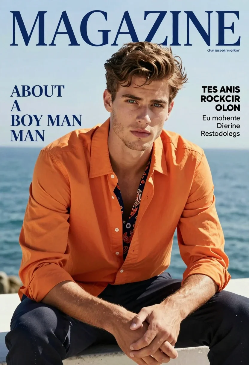 Stylish young man in orange shirt crouching by blue ocean horizon - AI generated image prompt sample