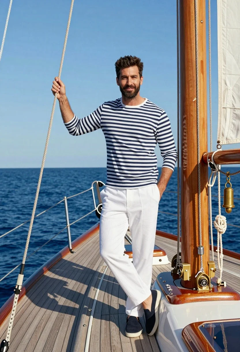Handsome man in striped shirt standing on sailboat deck against blue ocean - AI generated image prompt sample