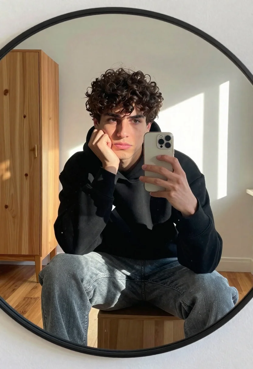 Young man taking mirror selfie in black hoodie by bright window - AI generated image prompt sample