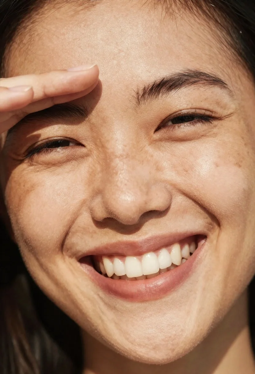 Close up portrait of woman laughing in sunlight - AI generated image prompt sample