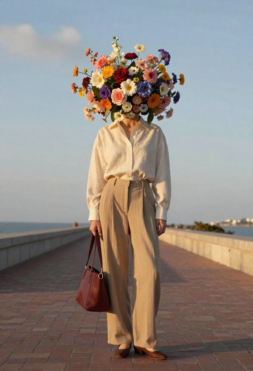 Person with flower head on seaside walkway at golden hour