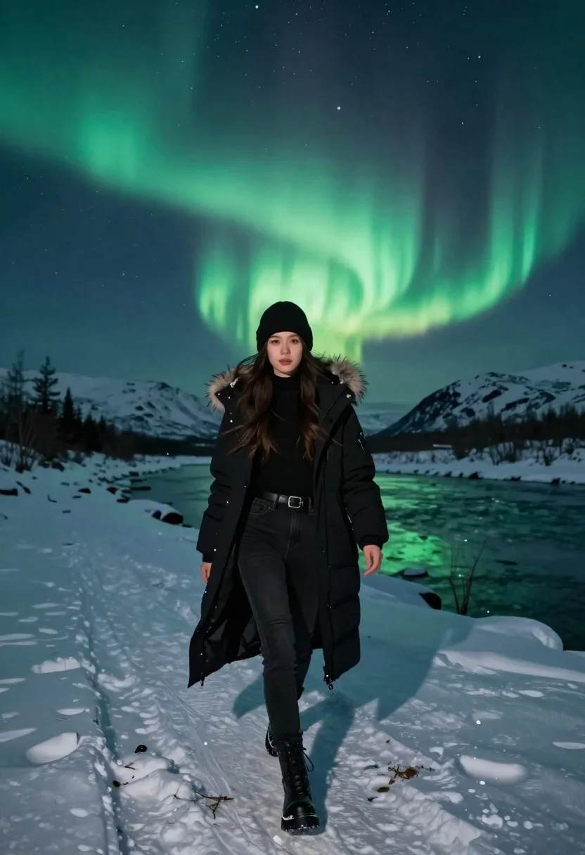 Young woman walking through snowy landscape under green aurora borealis light - AI generated image prompt sample