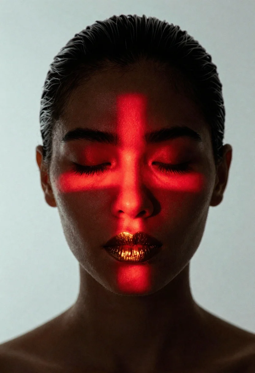 Close up portrait of person with red light projection