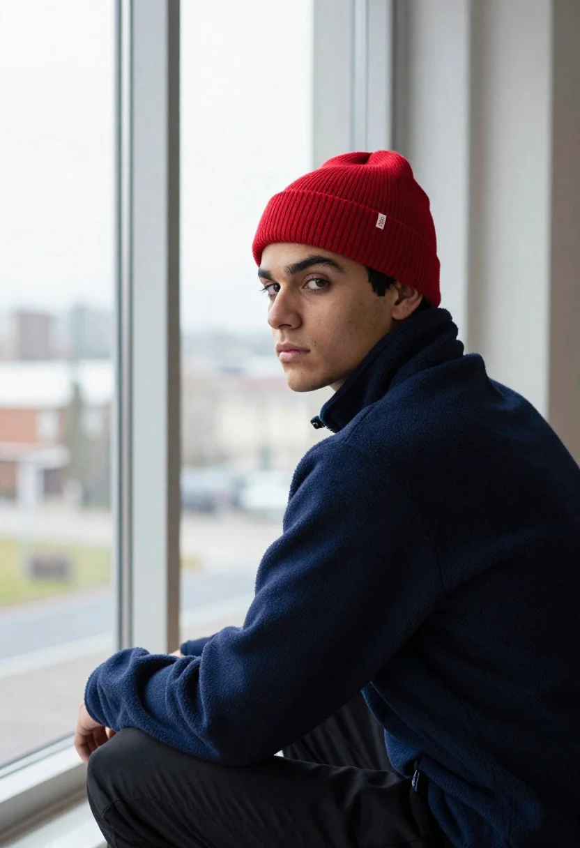 Young man in red beanie seated by large window looking over shoulder - AI generated image prompt sample