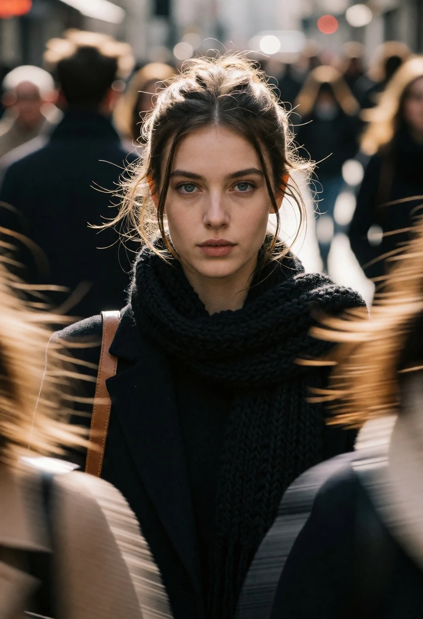 Portrait of young woman on busy urban street with motion blur background - AI generated image prompt sample