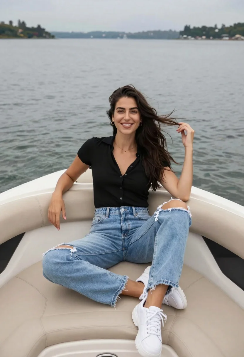 Smiling young woman in ripped jeans sitting casually on boat bow