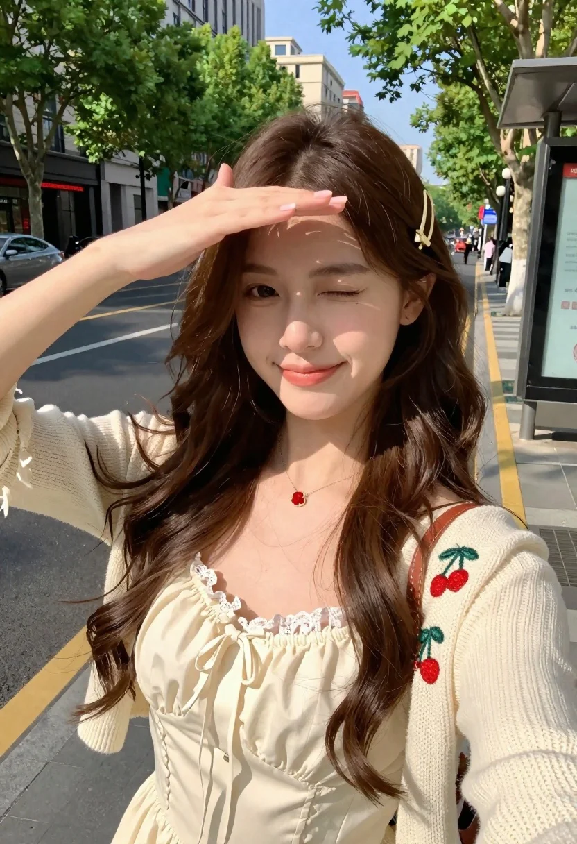 Young woman in cream dress taking a selfie on sunny city street - AI generated image prompt sample