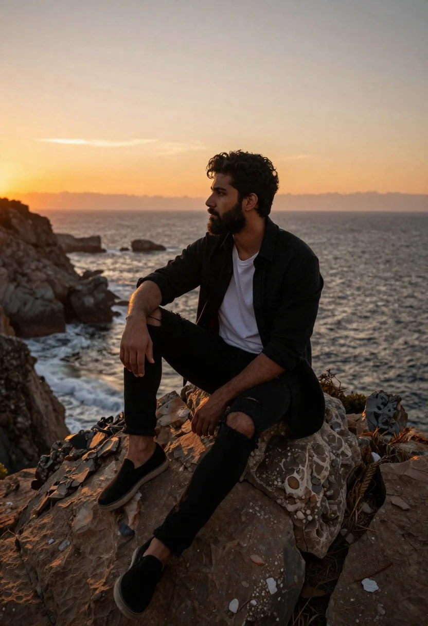 Handsome man with beard sitting on cliff overlooking ocean at sunset - AI generated image prompt sample