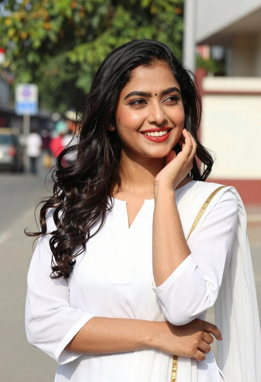 Smiling young woman in white kurta outdoors with green trees background