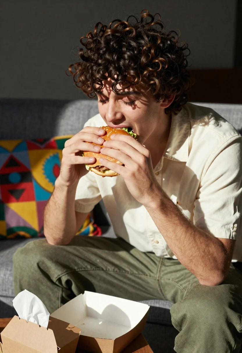 Young man eating burger on grey sofa in sunlight