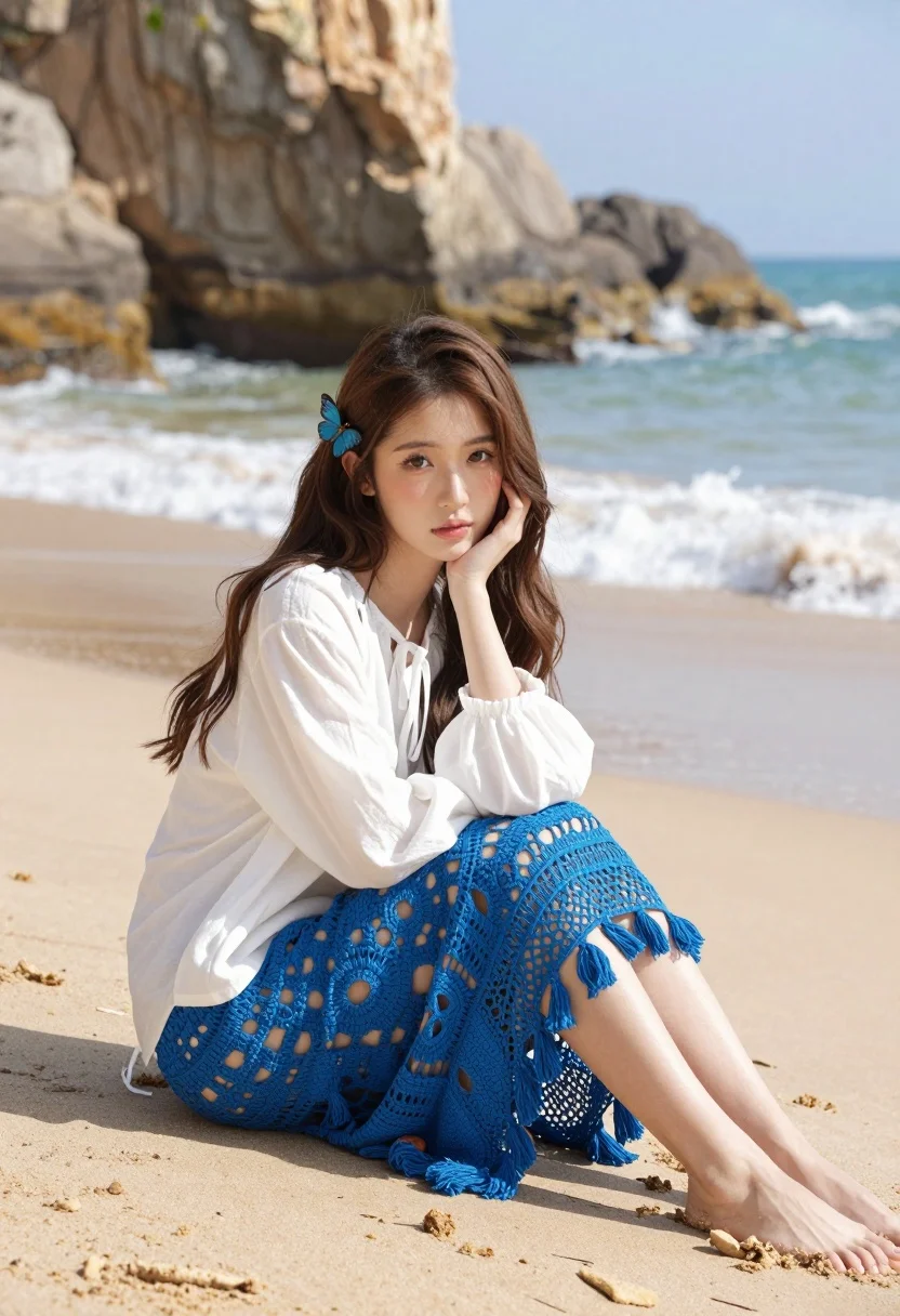 Young woman on sunny beach with blue skirt near rocky cliff formation - AI generated image prompt sample