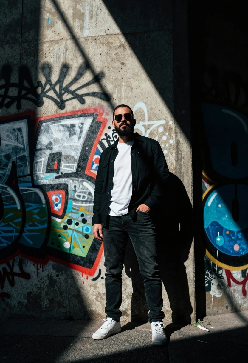 Man in black jacket standing against graffiti wall with dramatic sunlight beams - AI generated image prompt sample