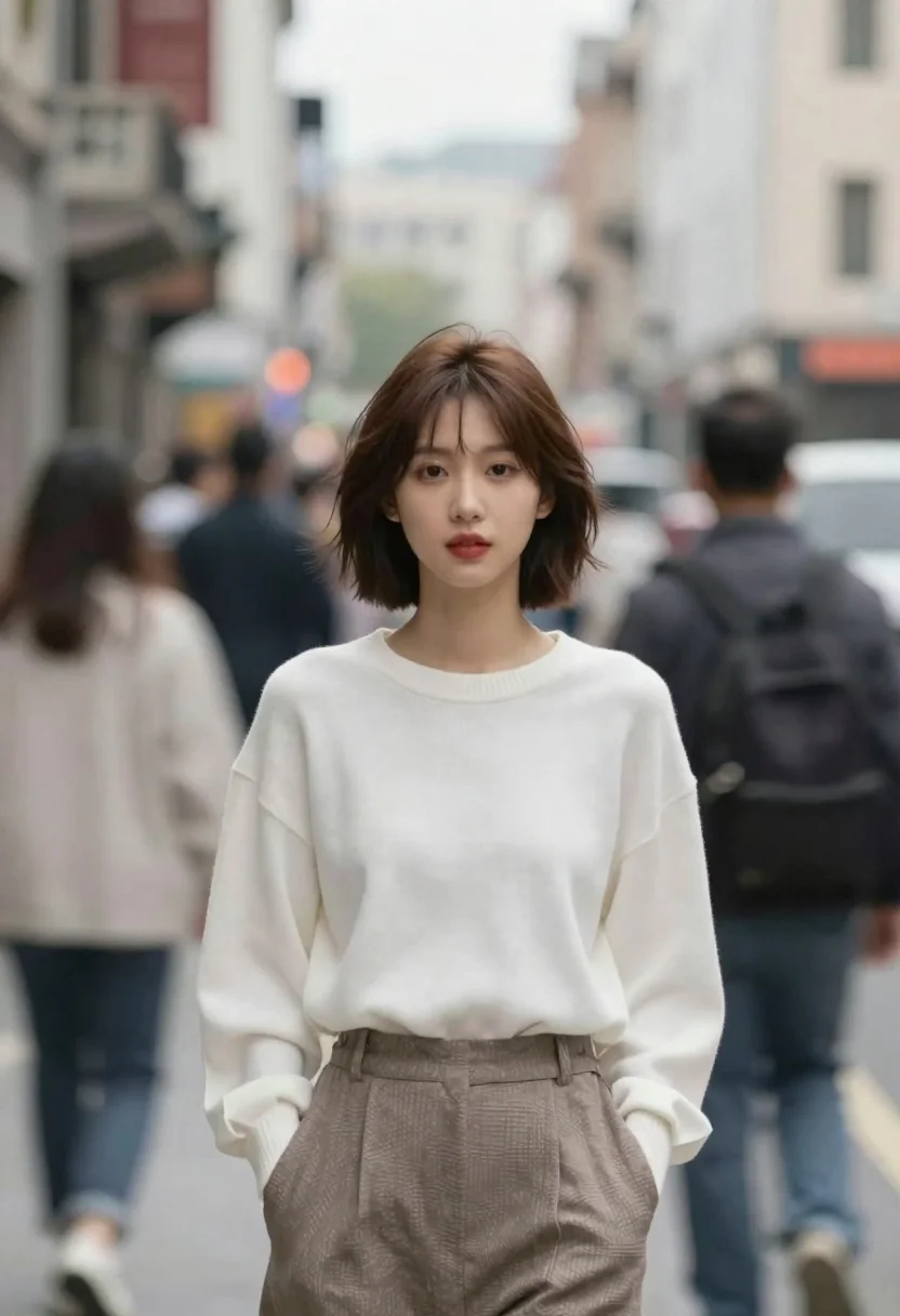 Young woman with short brown hair standing sharp in blurred city street - AI generated image prompt sample