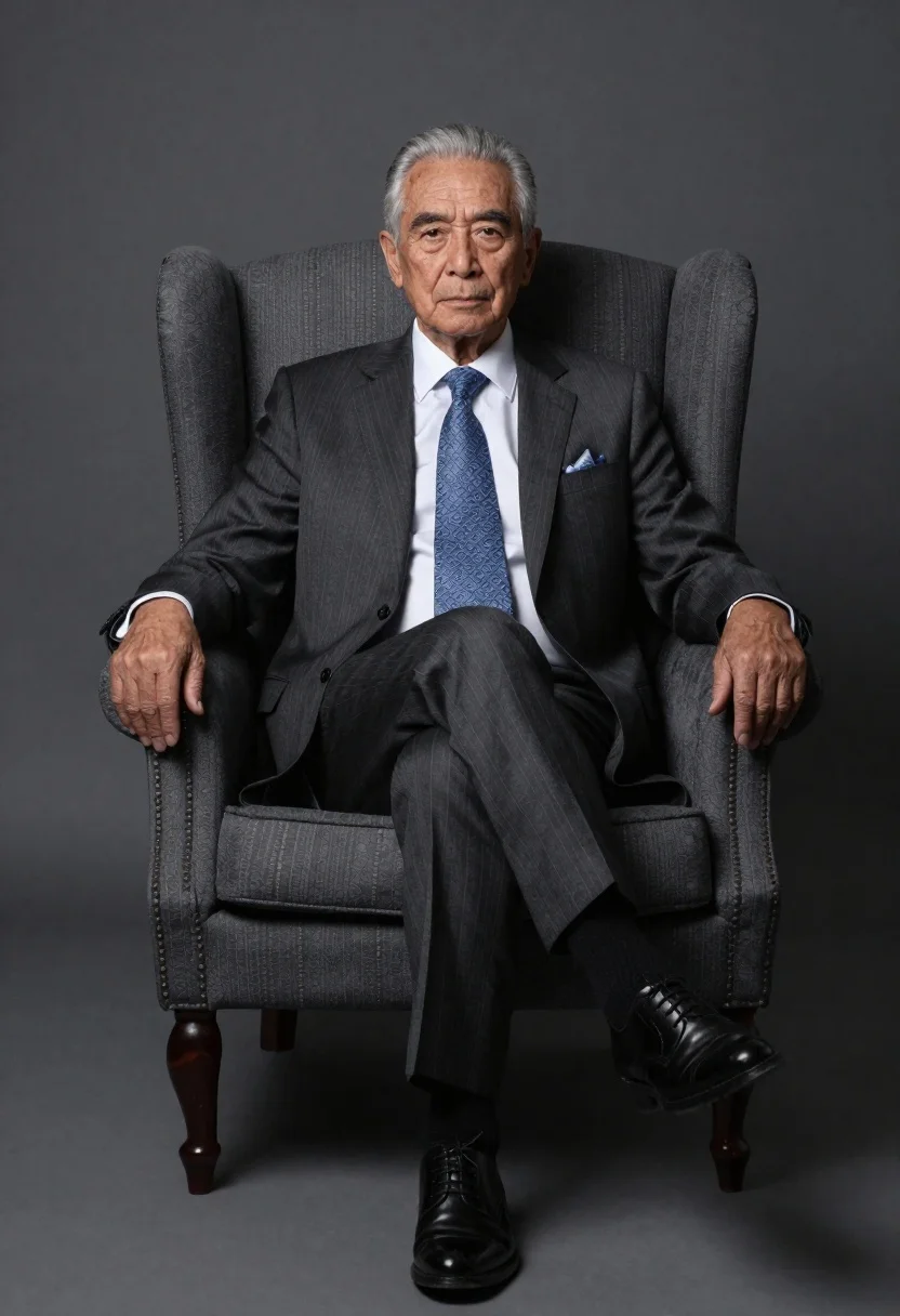 Elderly gentleman seated in wingback armchair studio portrait - AI generated image prompt sample