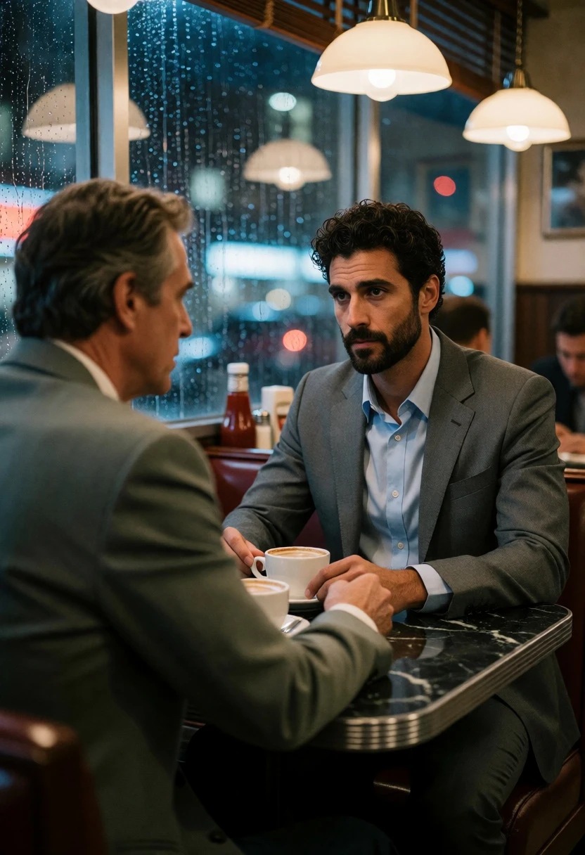 Two men in suits talking at a diner booth during rainy evening - AI generated image prompt sample