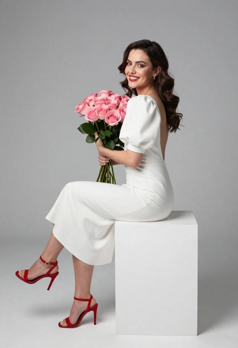 Smiling woman in white dress with pink roses - AI generated image prompt sample