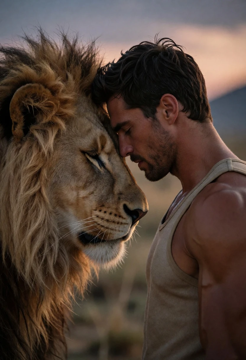 Muscular man and lion sharing an intimate moment on the savanna at - AI generated image prompt sample