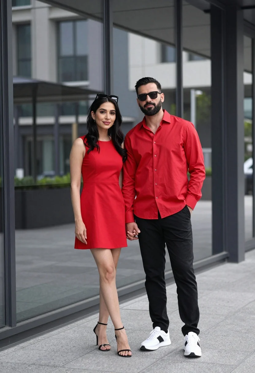 Stylish couple holding hands in front of modern glass building facade - AI generated image prompt sample