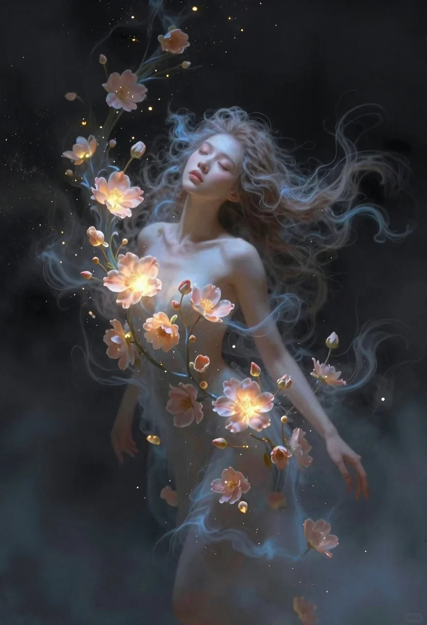 Young woman surrounded by glowing peach flowers in mist - AI generated image prompt sample