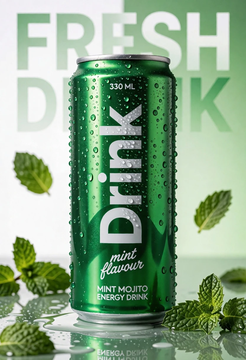 Vibrant green energy drink can on wet reflective surface with mint leaves - AI generated image prompt sample