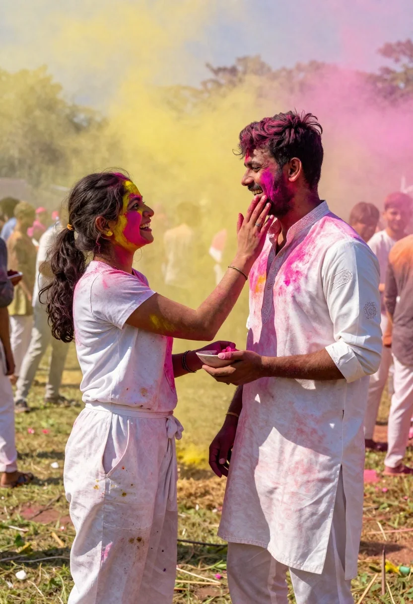 Joyful couple covered in colored powder during outdoor festival celebration - AI generated image prompt sample