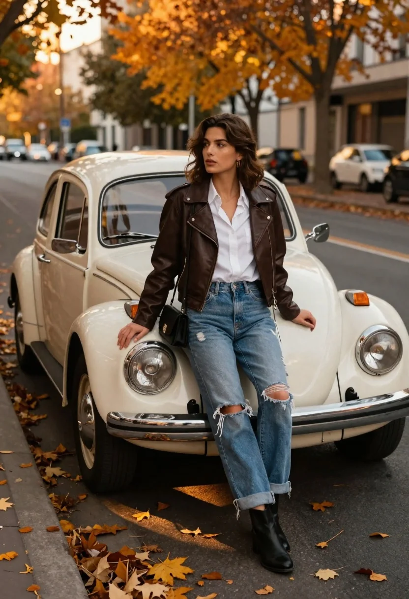 Woman leaning against classic car on autumn street