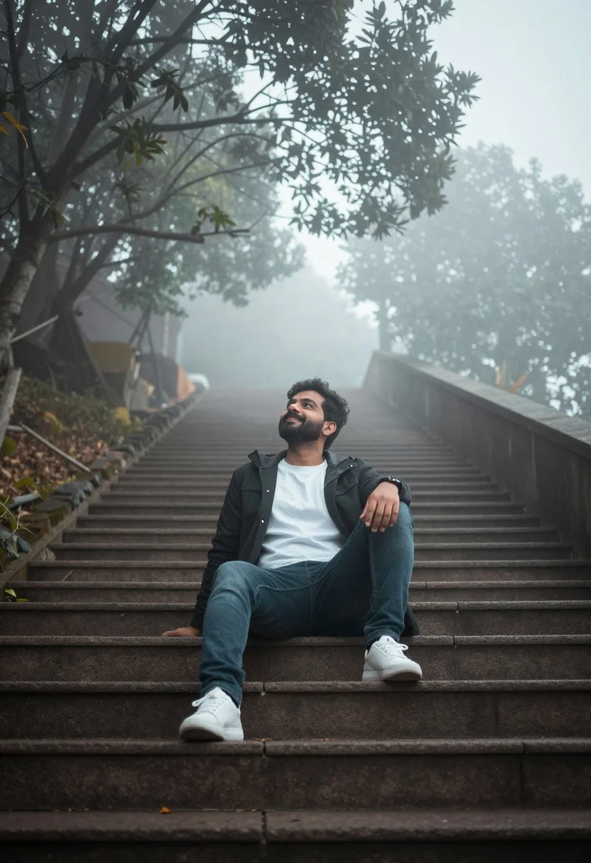 Man sitting on wide stone staircase in misty outdoor setting looking up - AI generated image prompt sample