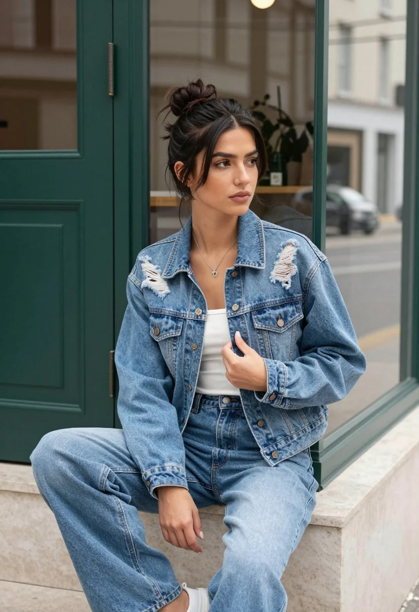 Young woman in denim jacket sitting on ledge near glass window - AI generated image prompt sample