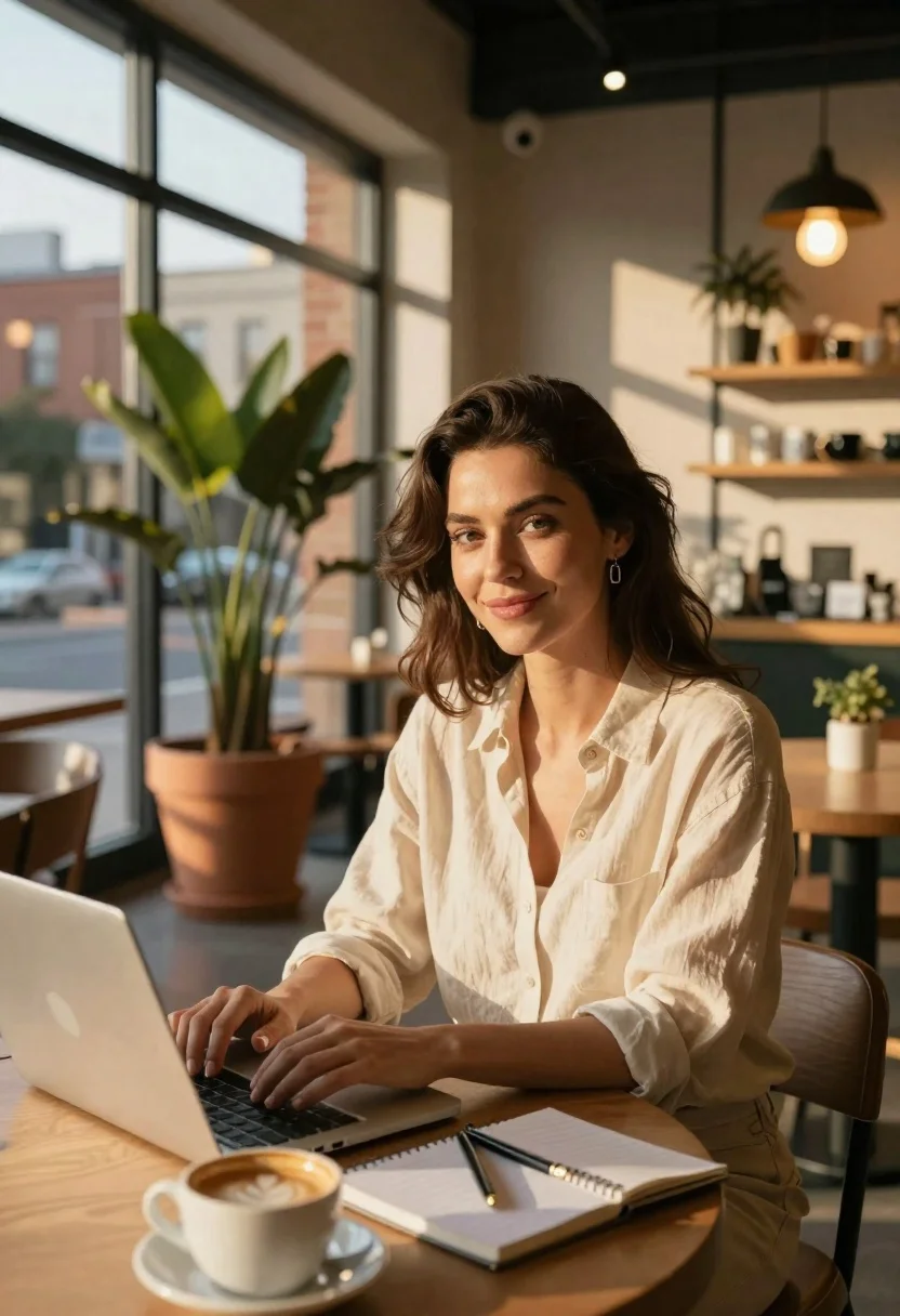 Brunette woman working on laptop in modern cafe