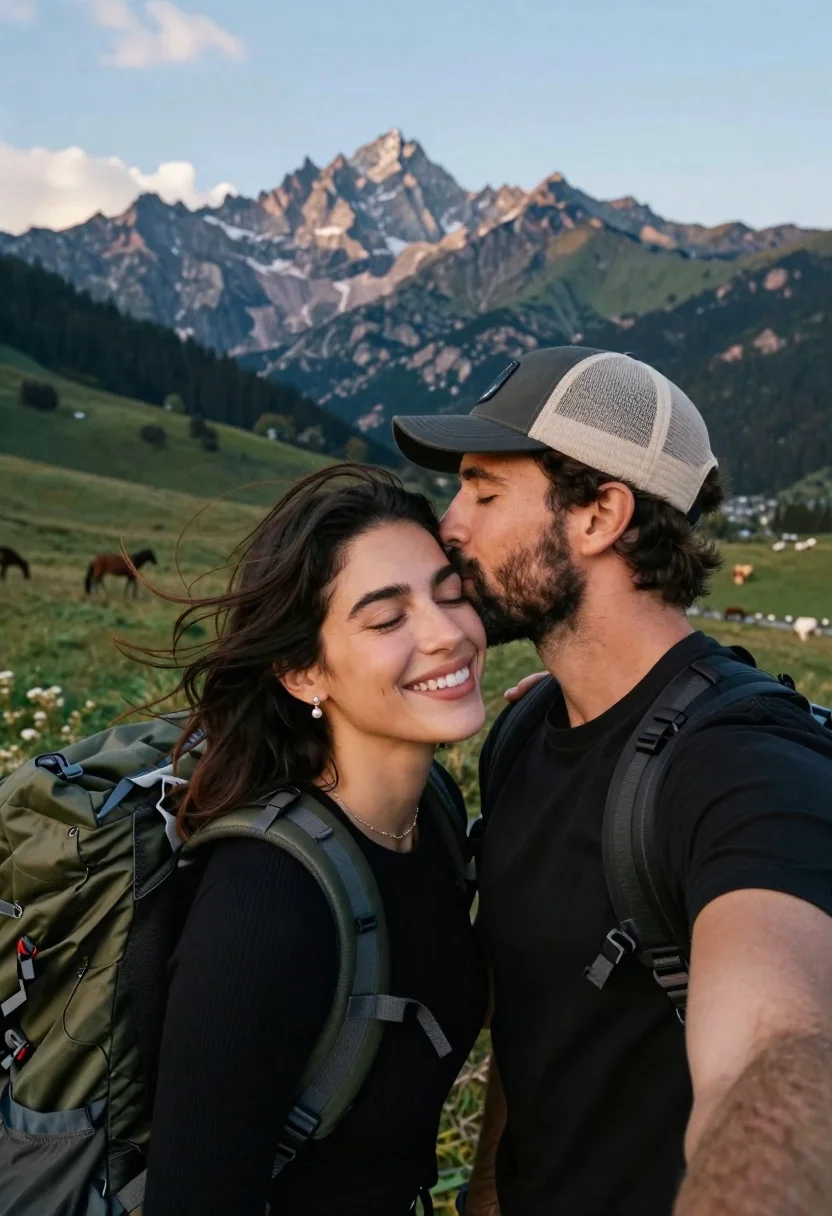 Couple selfie of smiling woman and man hugging on mountain range at - AI generated image prompt sample