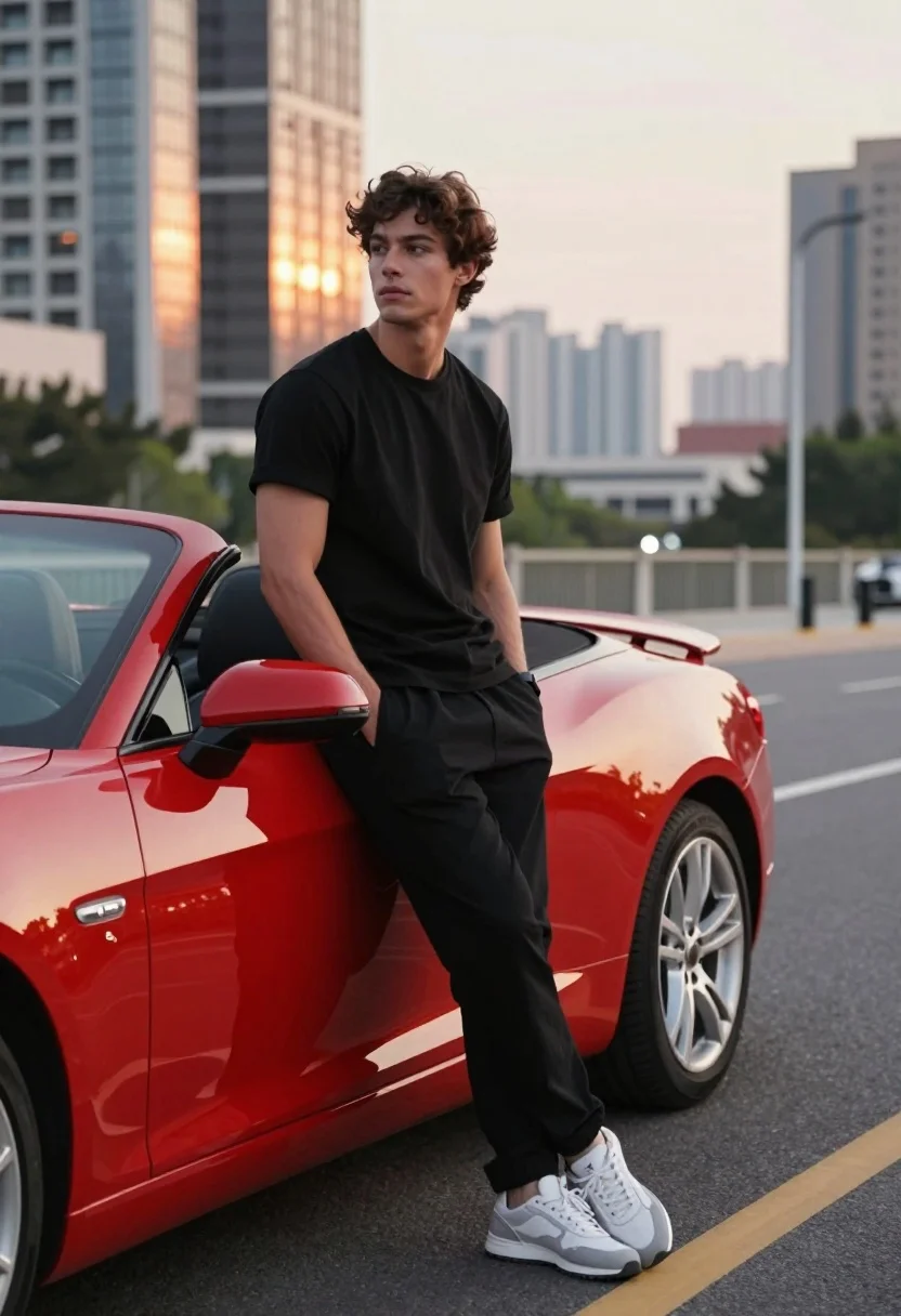 Handsome young man leaning against red convertible sports car on city street - AI generated image prompt sample