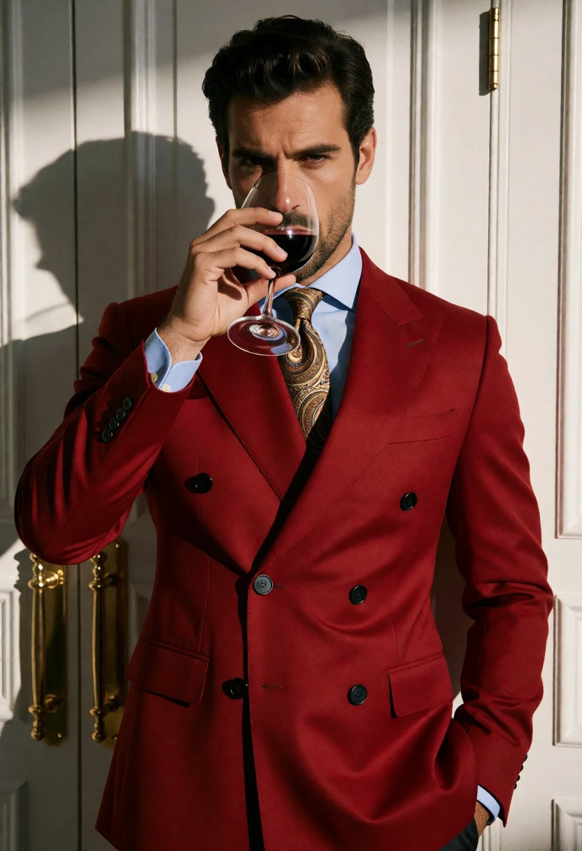 Man in red doublebreasted suit sipping wine against white paneled doors - AI generated image prompt sample