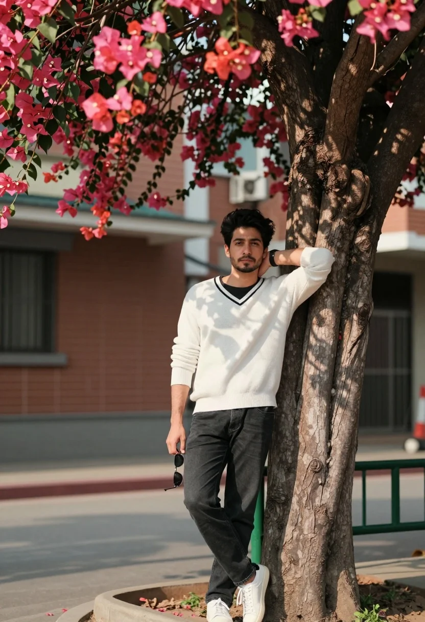 Man leaning against tree trunk with pink flowers overhead in urban park - AI generated image prompt sample
