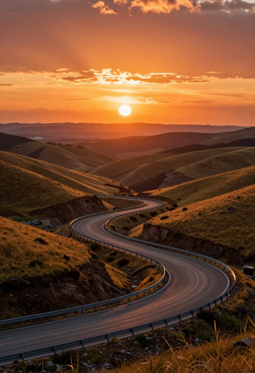 Winding paved road through rolling golden hills under dramatic sunset sky - AI generated image prompt sample