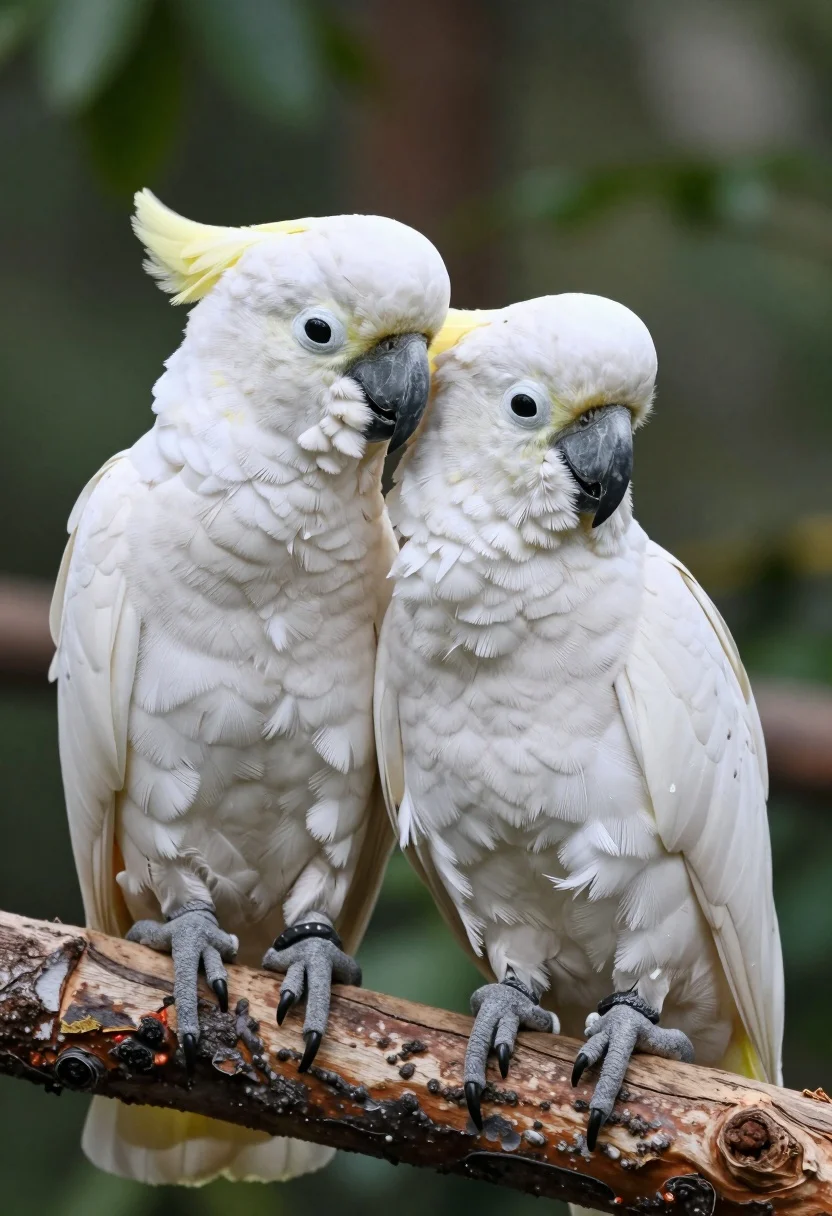 Two elegant white cockatoos resting closely together on a wooden branch - AI generated image prompt sample