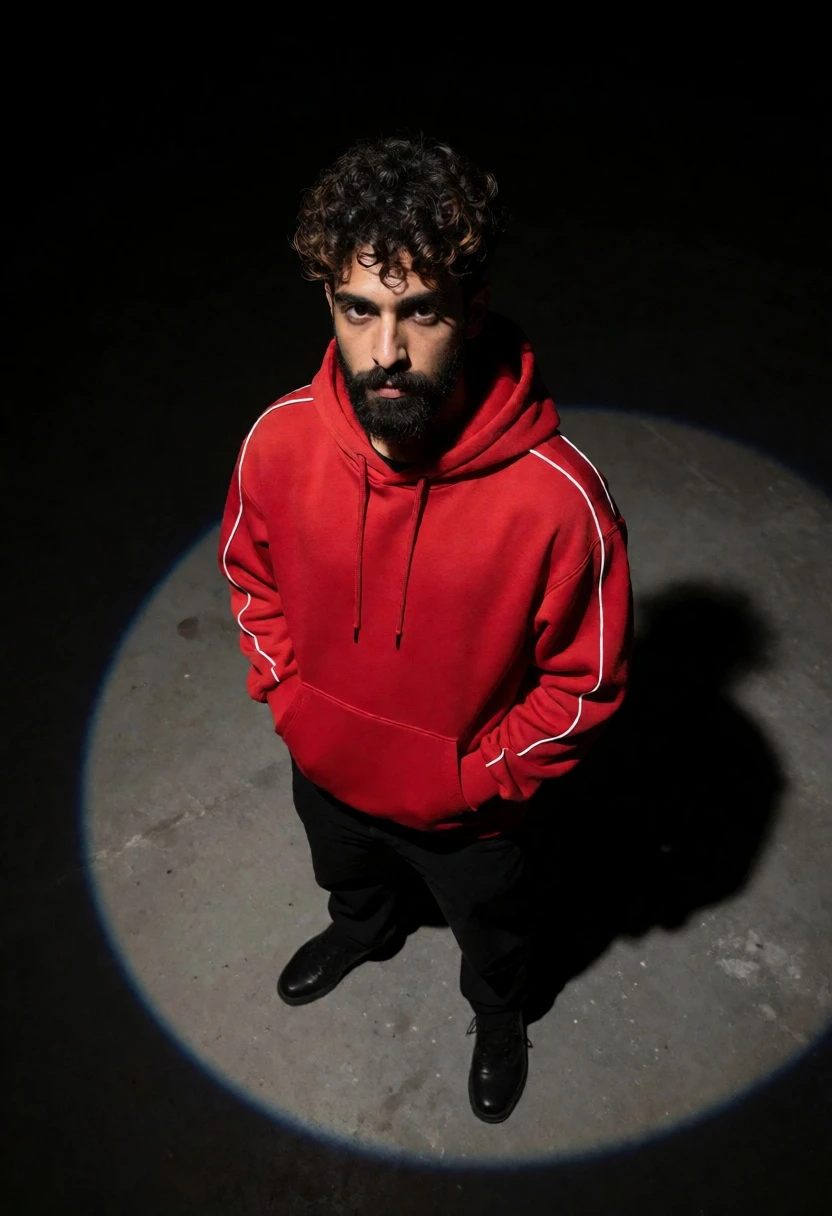 Man in red hooded sweatshirt under single spotlight in dark void - AI generated image prompt sample