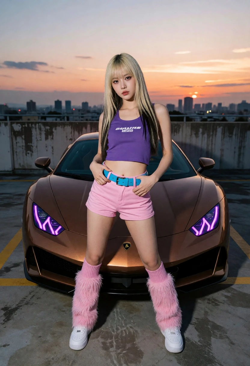 Young blonde woman posing by bronze sports car on rooftop at sunset - AI generated image prompt sample