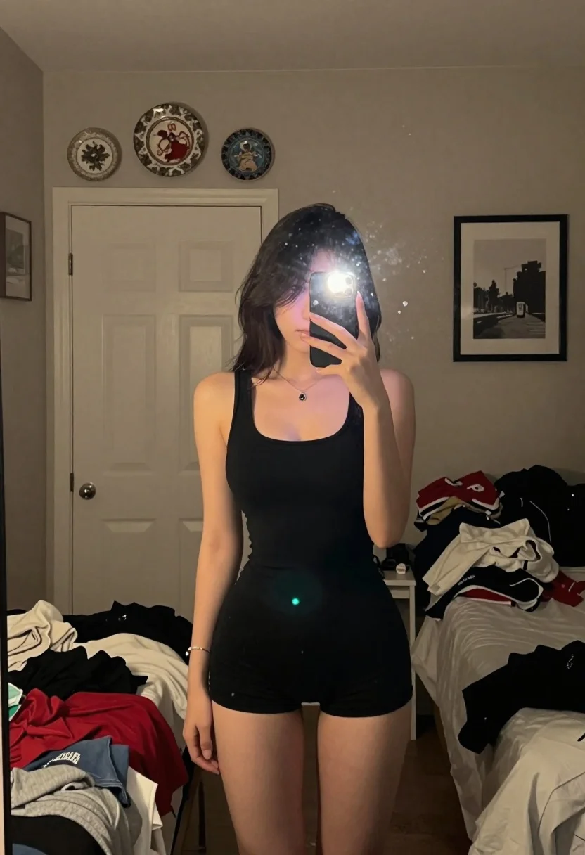 Young woman mirror selfie in dimly lit bedroom - AI generated image prompt sample