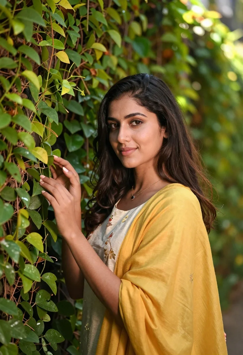 Young woman in cream top touching green vines in dappled sunlight