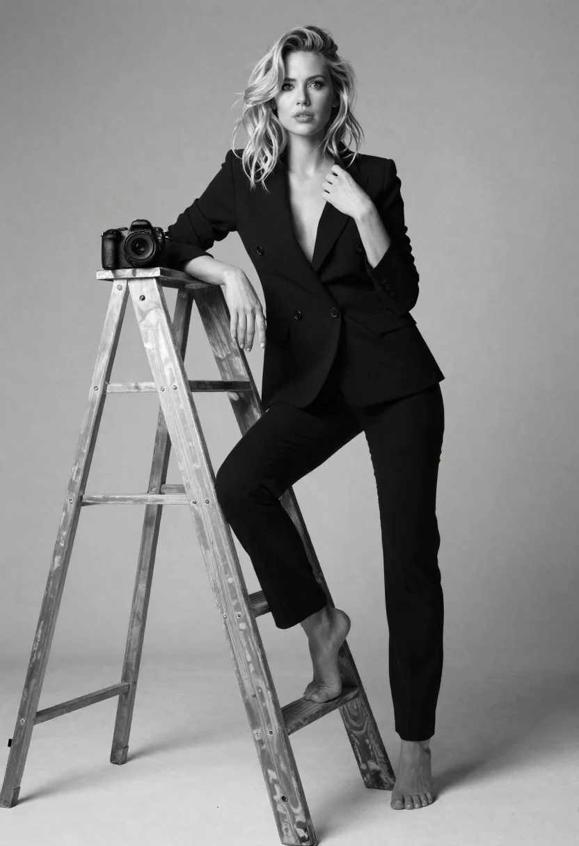 Blonde woman in black suit leaning on ladder studio portrait - AI generated image prompt sample