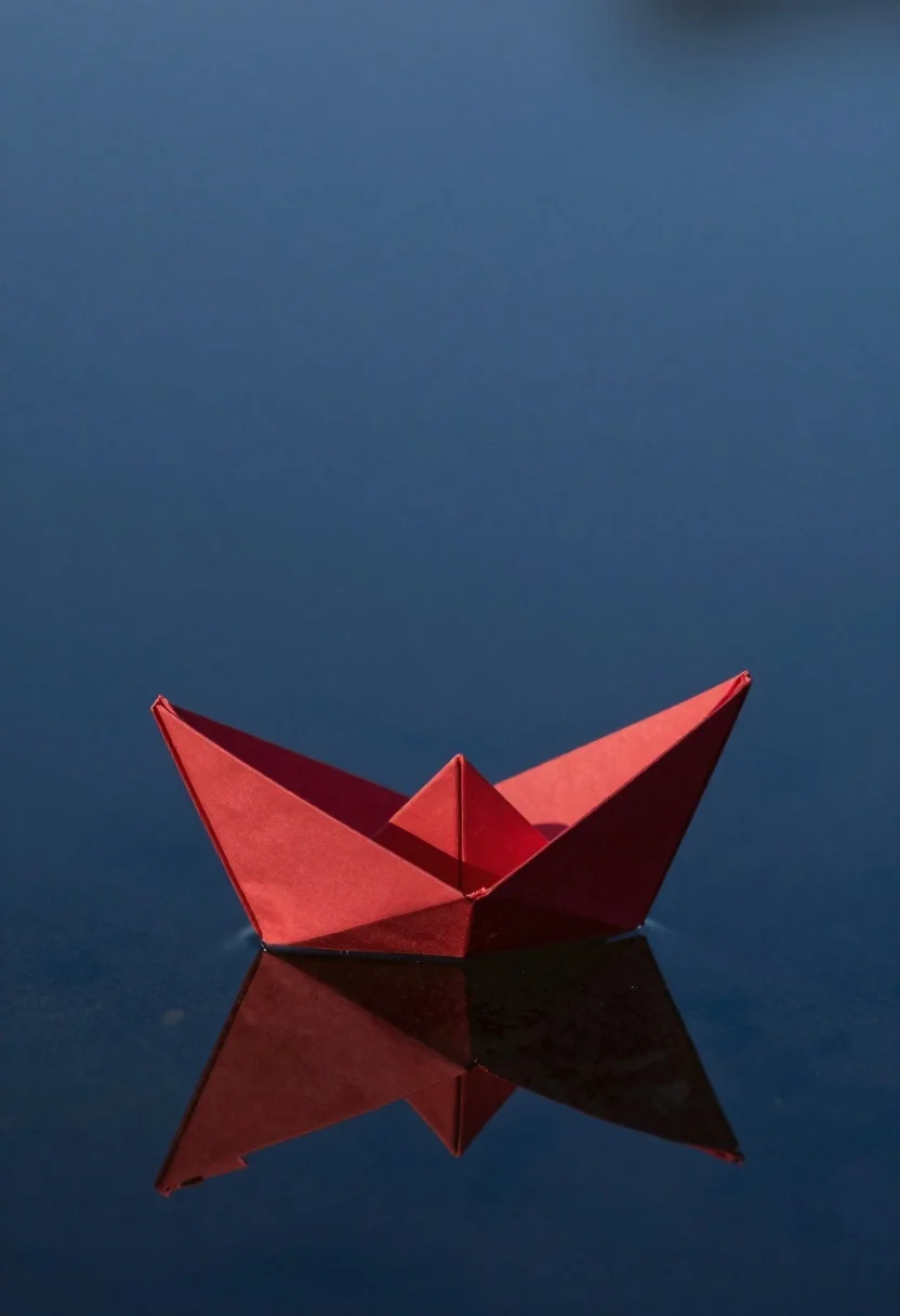 Red origami boat on calm dark blue water